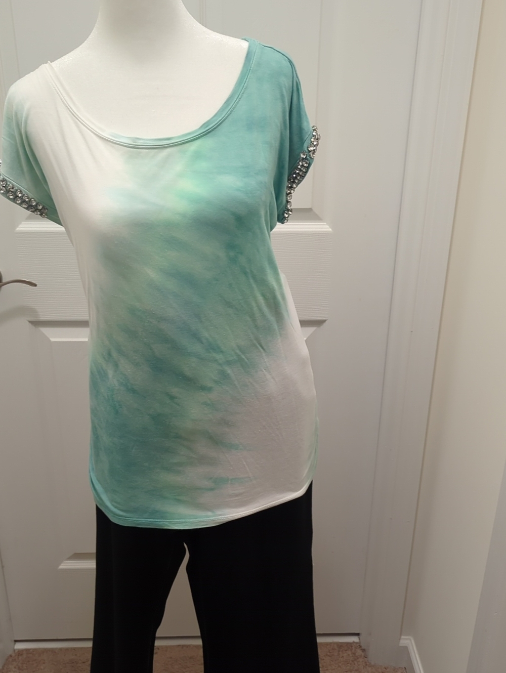 INC International Concepts Mint Green Ombre Short Sleeve Top with Beaded Sleeves